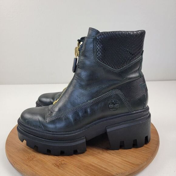 Timberland Everleigh Boot Front Zip Mid Boots Green Leather Womens 7.5 Platform - Picture 1 of 13